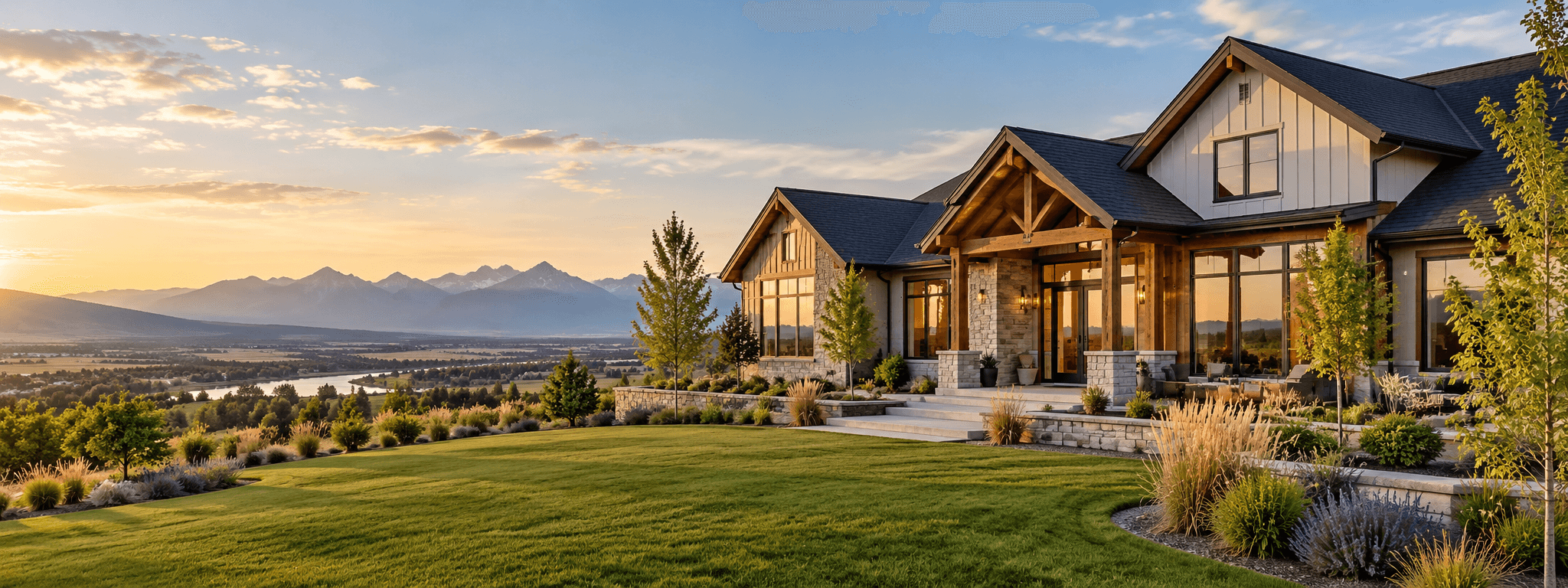 Eastern Idaho home and mountain landscape at sunset